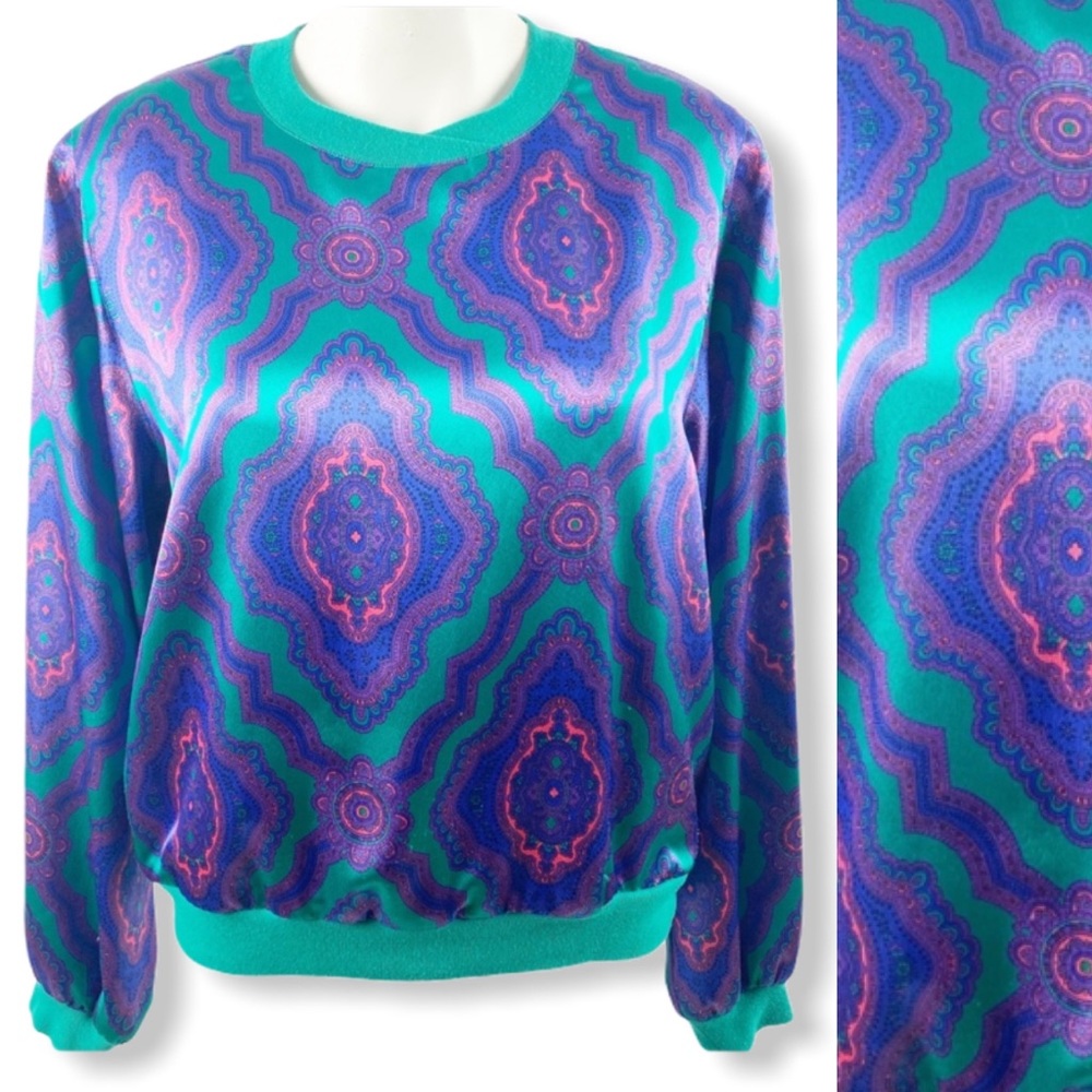 Vintage Blouse Top Paisley Blue Long Sleeve Small